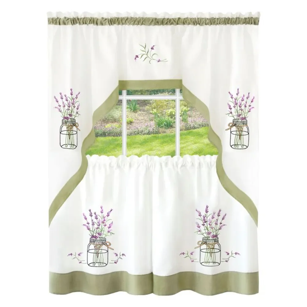PowerSellerUSA Lavender Art Tier and Swag Window Curtain Set, Flower Design
